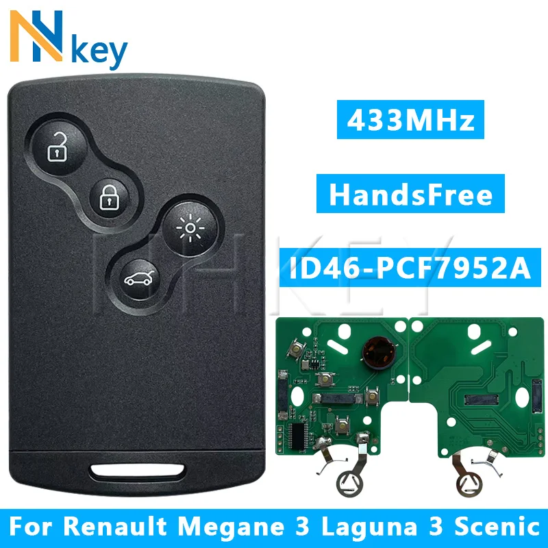 NH KEY 4Buttons 433MHz ID46-PCF7952A Chip Smart Remote Car Key Card For Renault Megane3 Laguna3 Scenic Fluence Keyless HandsFree