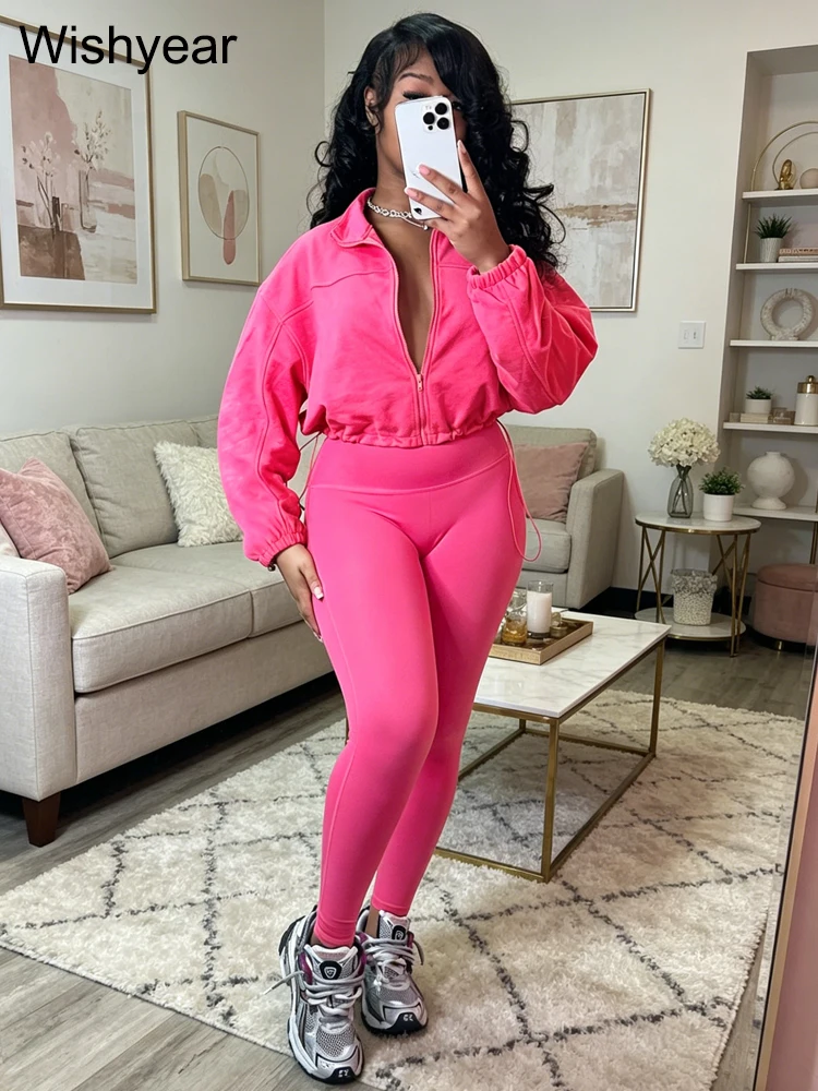 

Hot Pink 2 Piece Outfits for Women Cropped Zip Up Sweatshirt + High Waist Leggings Set Y2K Streetwear Tracksuit for Gym Workout