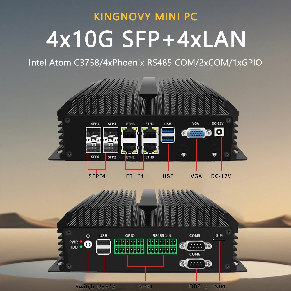 Mini PC Intel Atom C3758 con 4x10G SFP + 4 * i226-V LAN Mini computadora sin ventilador 4x Phoenix RS485 COM 2xDB9 RS232/485 COM 1x GPIO