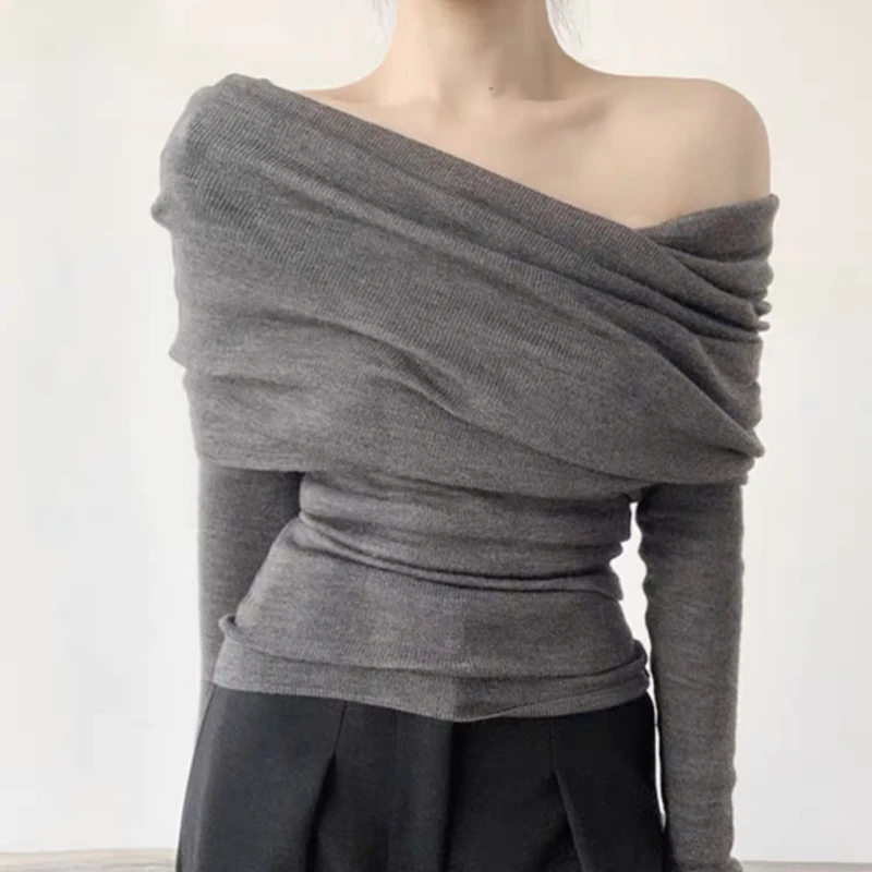 

Off Shoulder Knitted Shirt Women Pullover Sweater Tops Autumn Winter Female Long Sleeve Elastic Skinny Slim Sweaters Knit Shirts