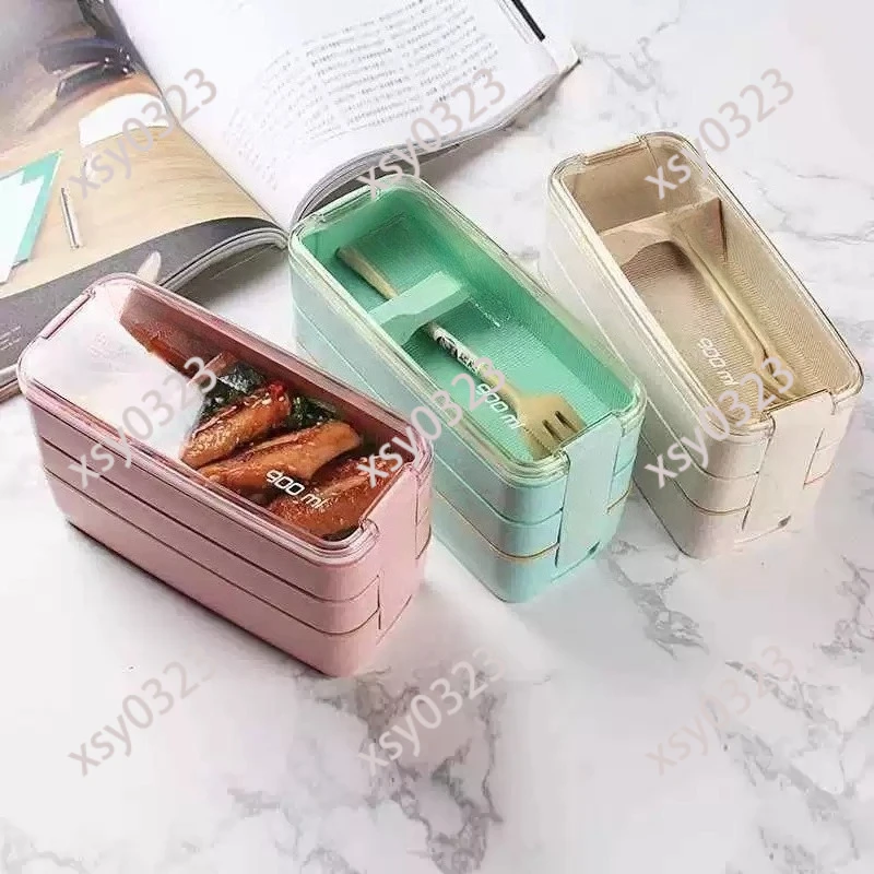 3 Compartment Wheat Straw Lunch Box, Sealed Portable Rectangular Bento Box for Students