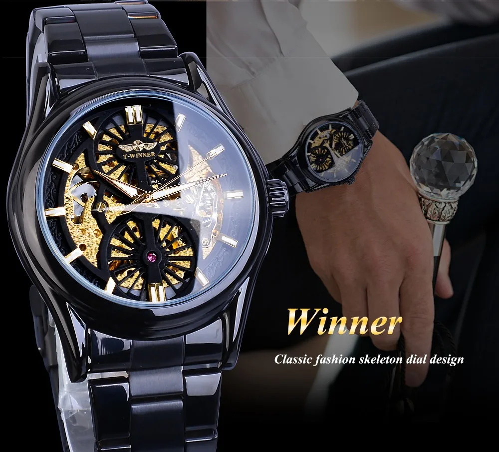 Fashion Winner Top Brand Full Stainless Full Black Steel Men\'s Casual Hollow Out Automatic Mechanical Skeleton Wrist Watches