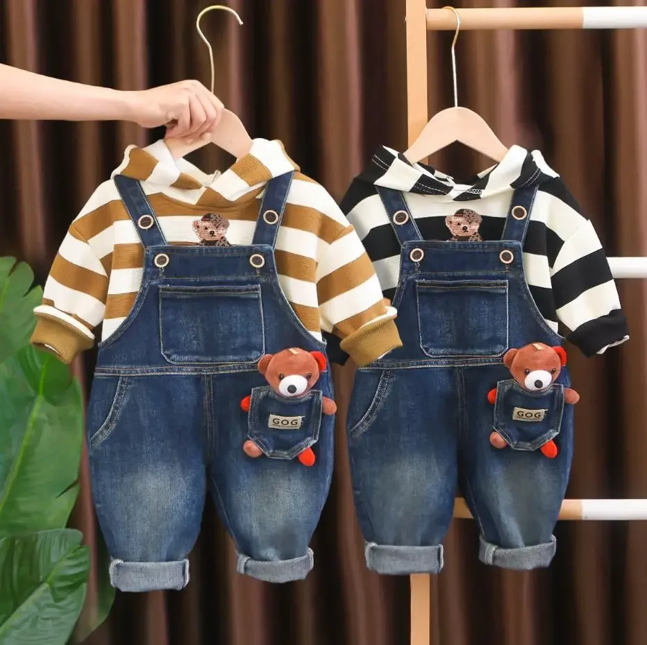 Korean Style Infant Baby Outfits Spring Autumn Striped Hooded Long Sleeves T-shirts+Cartoon Overalls Toddler Boys Sets Clothes