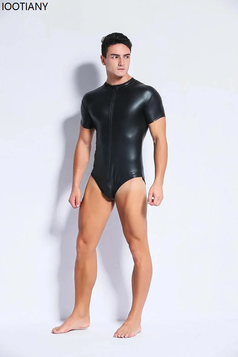 짧은 소매 지퍼 라텍스 남자 스타킹 고딕 인조 가죽 바디 슈트 코스프레 섹시한 블랙 Pvc 라텍스 게이 바디 슈트 스타킹 클럽 의상