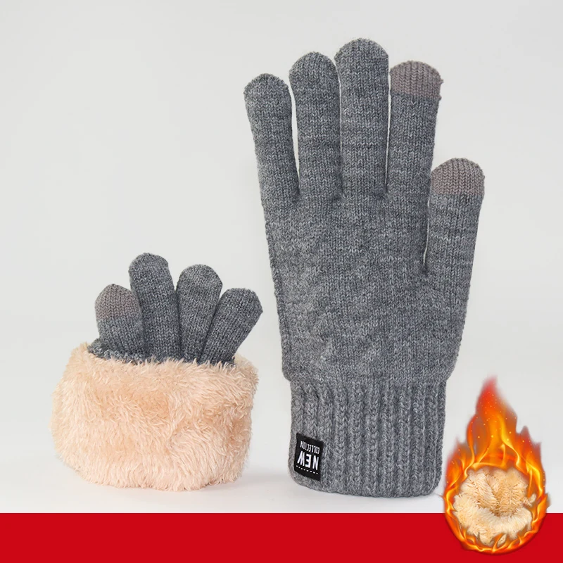 Touchscreen-Handschuhe, doppellagige Handschuhe, Damen-Winterhandschuhe, mit Fleece gefüttert, verdickt, warm, kältebeständig, winddicht, rutschfest, Touchscreen, Fünf-Finger-Strick