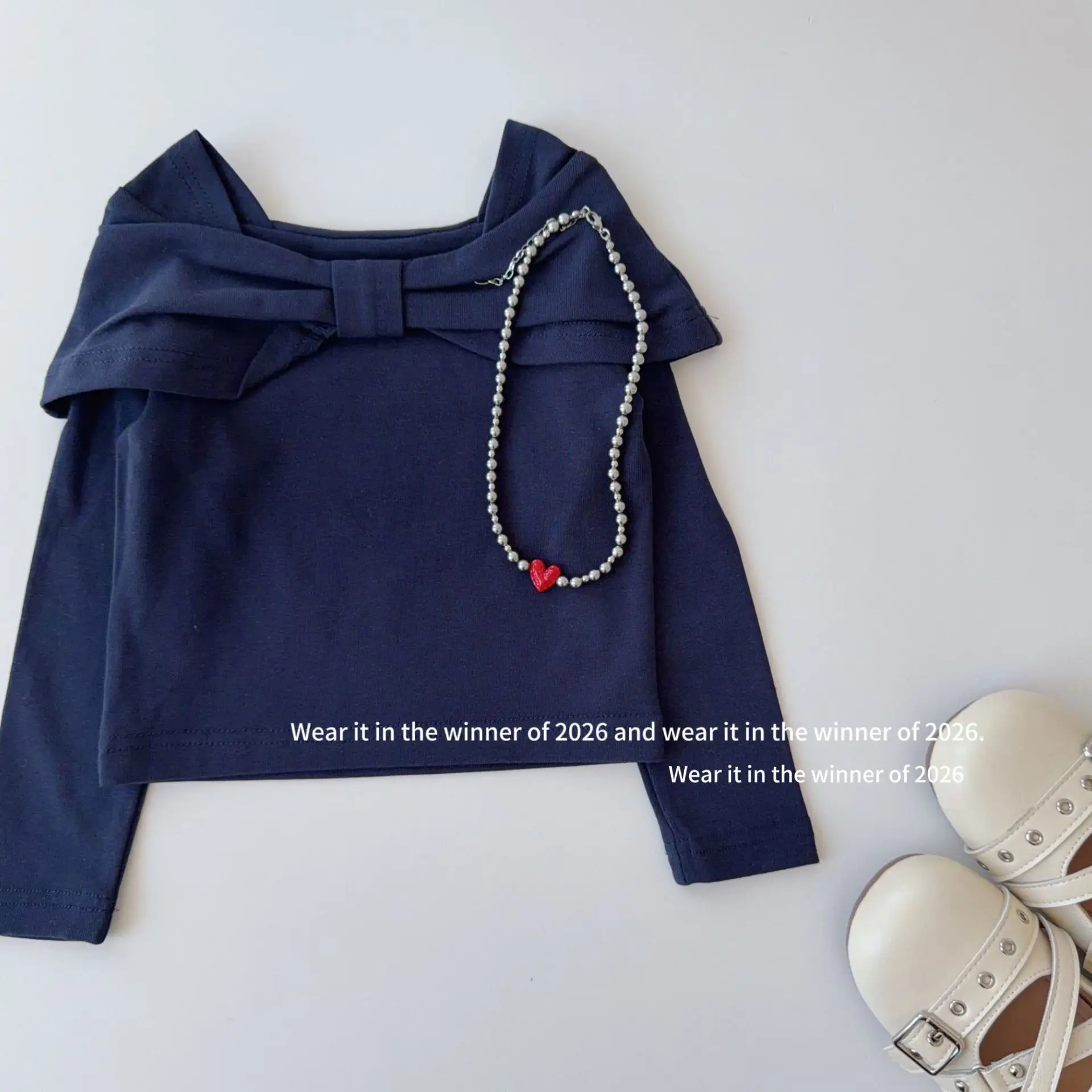 Girls Fall New Korean 2026 Light Solid Bow Knot Collar Covered Shoulder Square Neck Stylish Short Long Sleeve Top