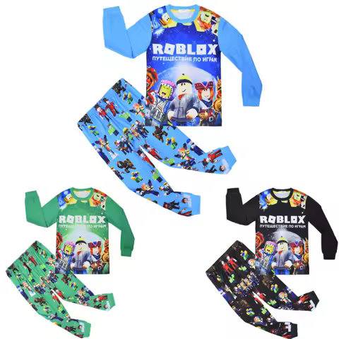 Roblox Creative Cartoon Clothing Middle and Big Kid Homewear Suit Long-sleeved Two-piece Pajamas Birthday Gift for Girl Boy