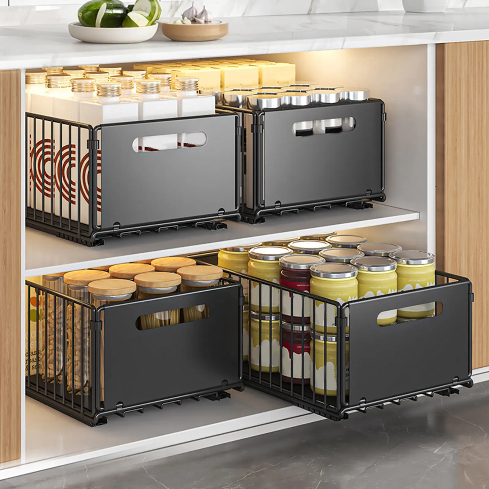 Étagère de rangement de cuisine grande capacité, panier de rangement pour cuisine, organisateur de rangement pour objets divers avec garde-corps et rails coulissants