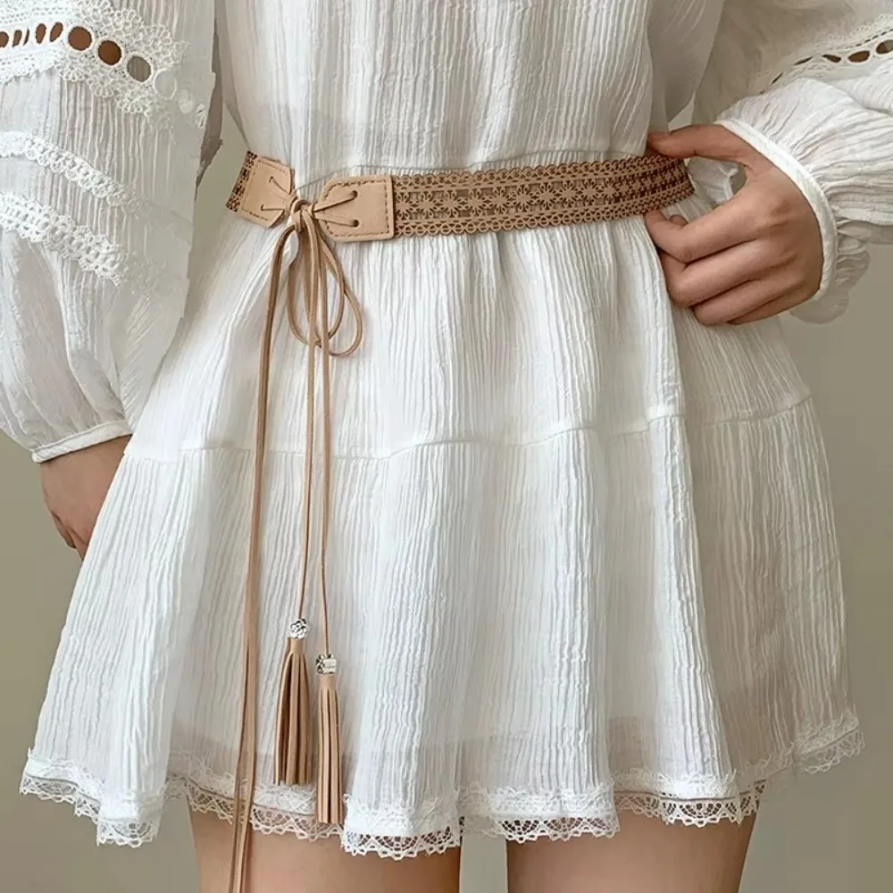 Retro Bohemian Long Tassel Braided Belt Woven Rope Knotted Decorative Straps Hollow Pattern Waistband For Women Lady