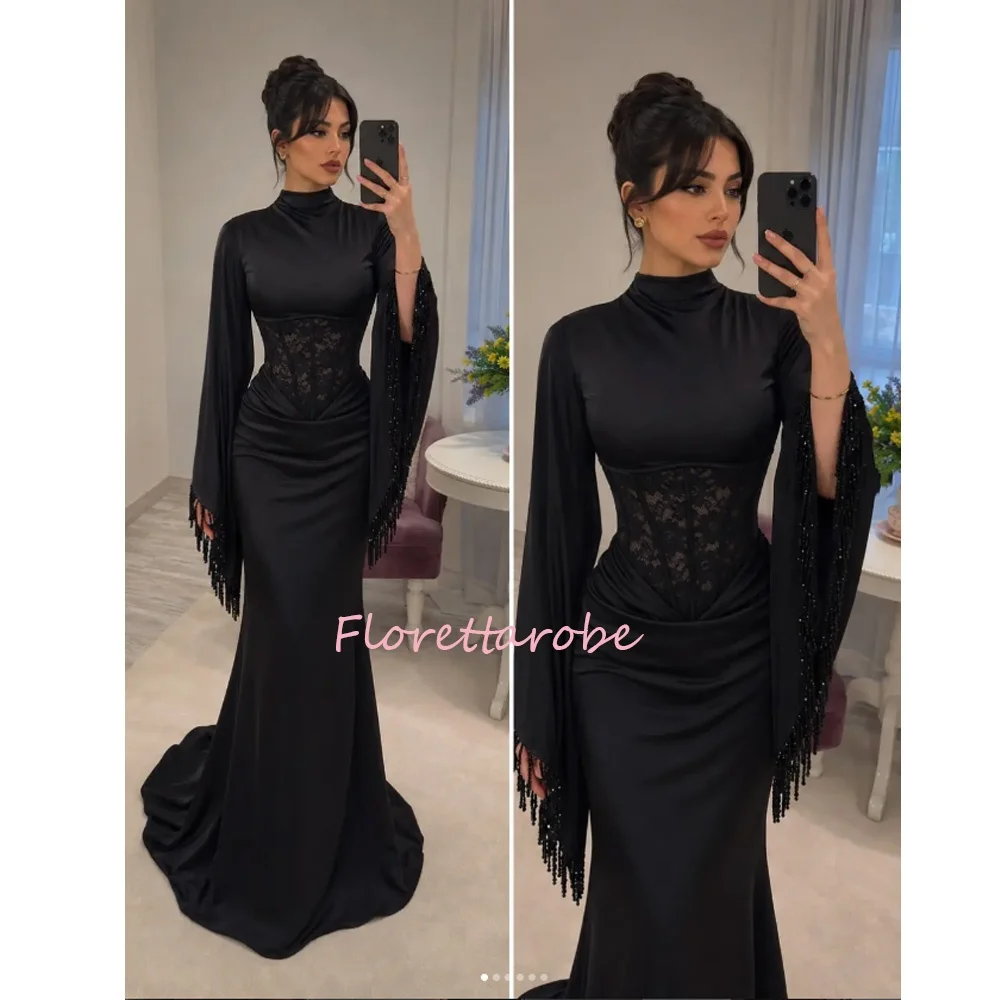 Elegante schwarze Meerjungfrauen-Abendkleider mit langen Ärmeln für Damen, hochgeschlossenes Spitzenkleid mit Quasten, maßgeschneidert