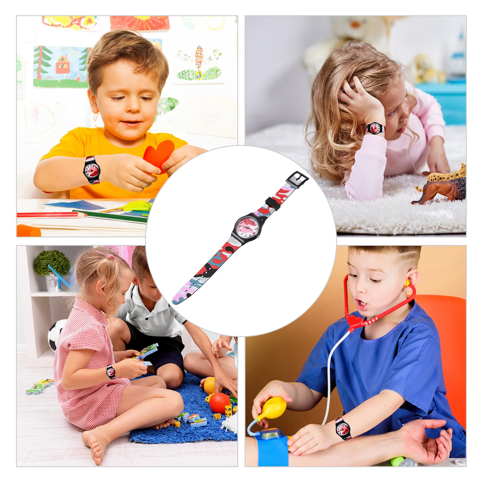 1개 위장 시계 만화 스타일 가볍고 내구성이 뛰어난 PVC 밴드 학교 여행용 시계