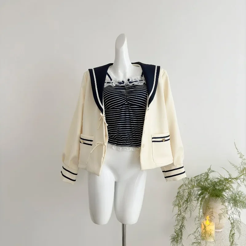 Ata iiX-Manteau de Style Preppy Japonais pour Femme, Veste à Col Marin avec Nministériels d, Design Patchwork, Haut pour Fille, Vêtements Féminins, Automne 2024