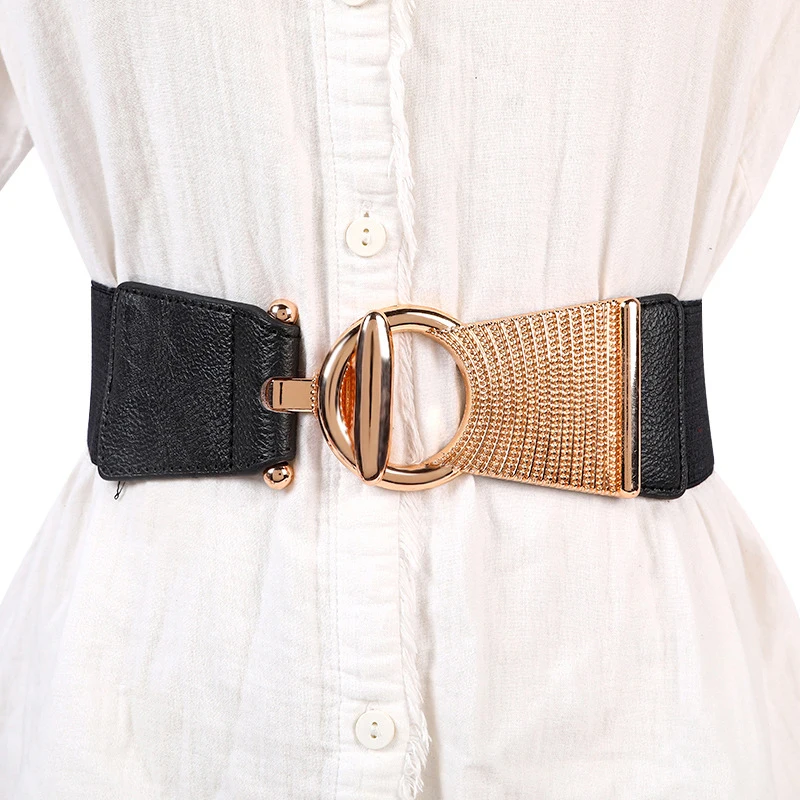 Elegant Vintage Metal Buckle Elastic Belt For Women - Wide Waistband For Dress Coats And Girdles