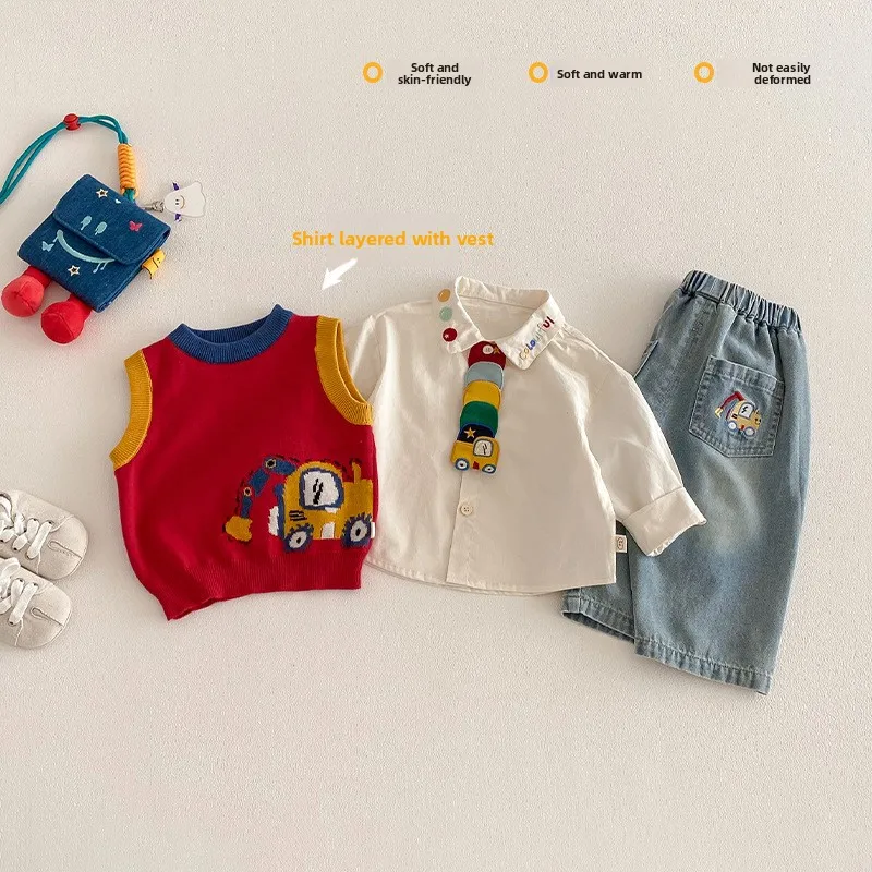 Engineering Vehicle Adventure Series 2026 New Spring Fashion Patchwork Sleeve Cartoon Bodysuit for Boys' Springwear Top