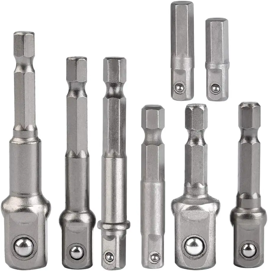 8Pcs Impact Socket Adapter Set, Hex Shank Square Nut Driver Drill Bits 1/4