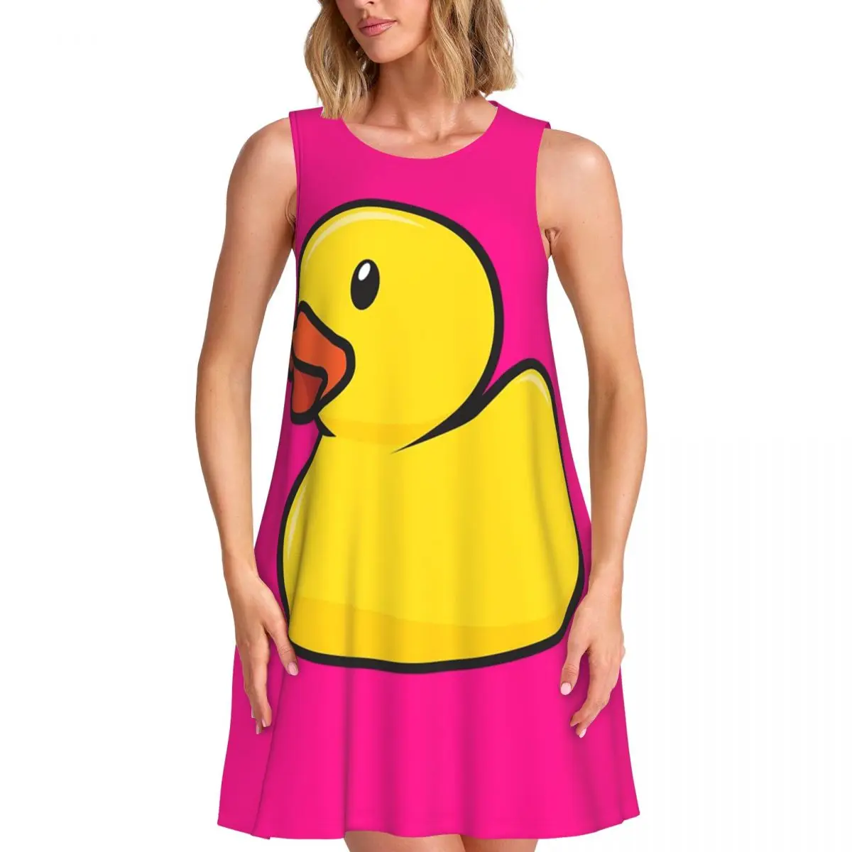 

Rubber Duck In Hot Pink Summer Women's Short Sleeve Dress Elegant Sleeveless Round Neck Loose Dresses Street Robe