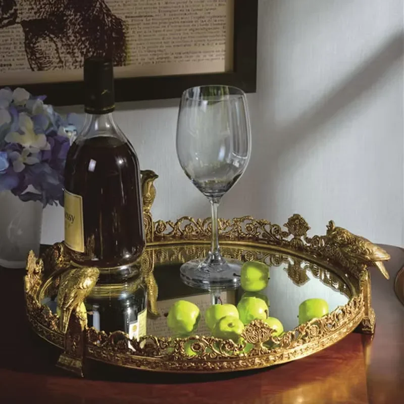 Luxury Round Brass Mirror Tray for Home Decoration Fruit Plate Bird Accessories Elegant Metal Serving Dish Decorative