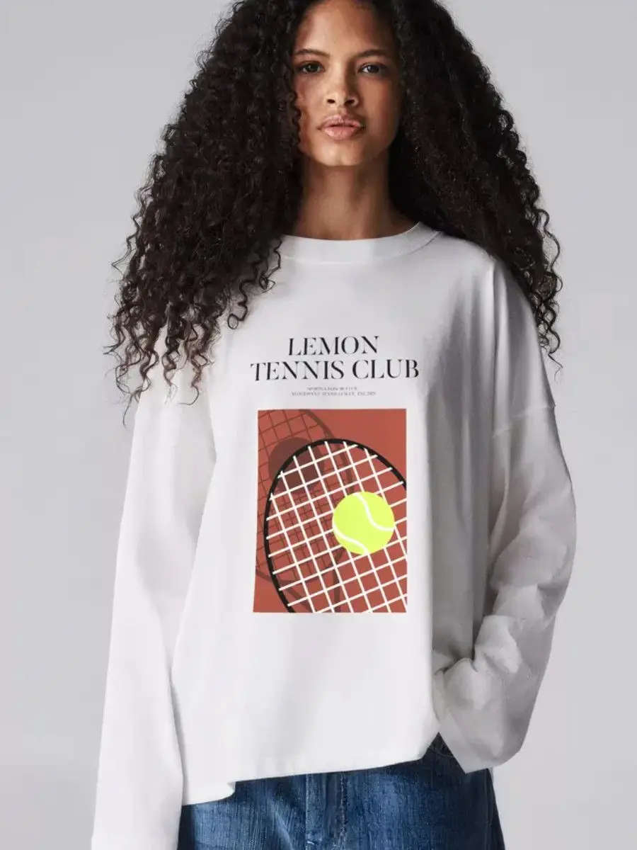 

Lemon Tennis Club Блузка с милым узором из чистого хлопка с круглым вырезом Белые футболки с длинным рукавом Свободный пуловер Толстовка Sweet Women Y2K