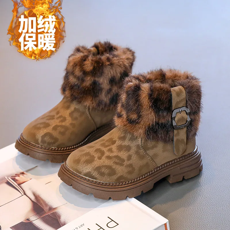 

Outdoor Winter Children's Leopard Ankle Boots 2025 New Girls Fashion Platform Boots Warmth Plush Kids Furry Cotton Boots Soft