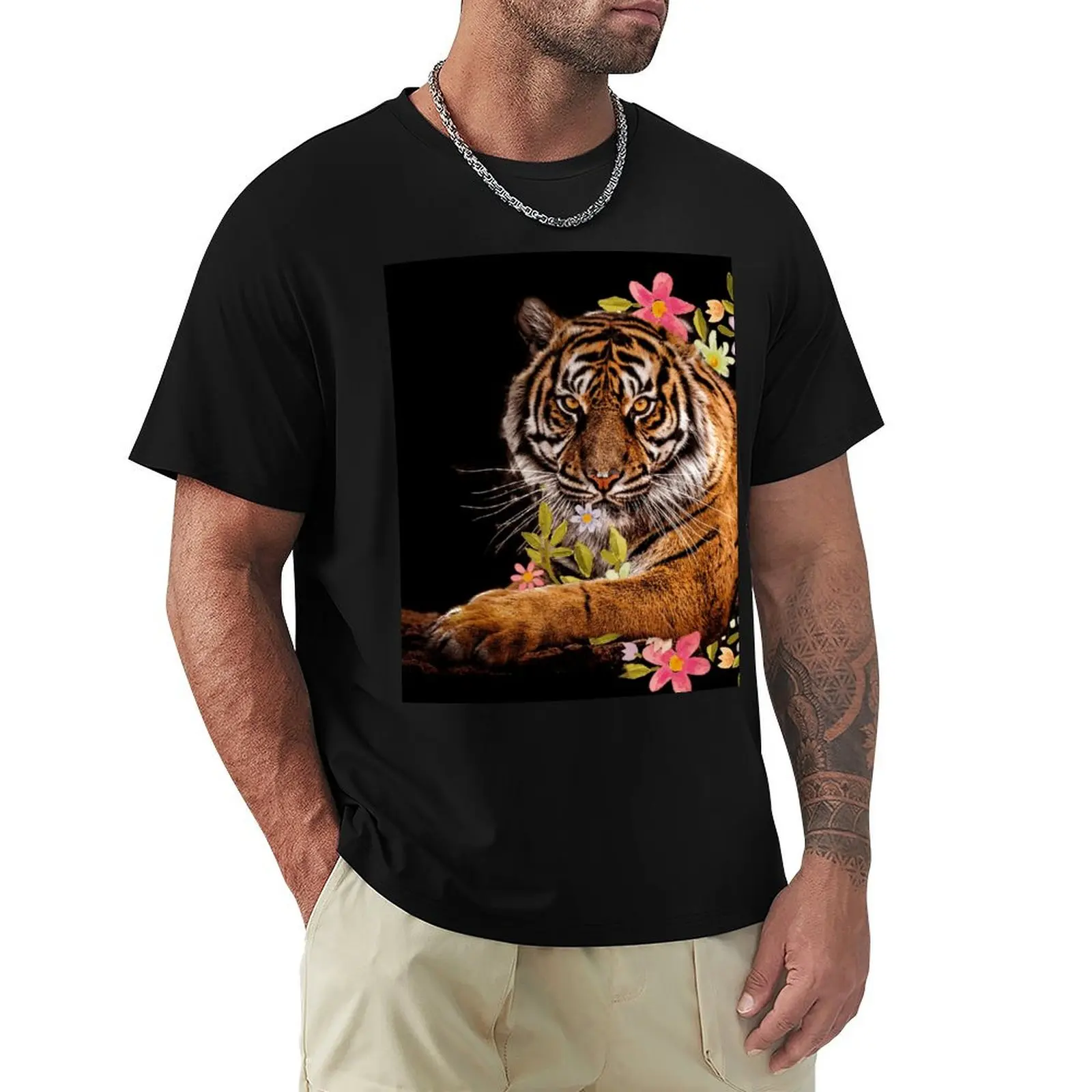 Fierce Bengal tiger seated in a ring of pink and purple beautiful flowers T-Shirt Industrial Work Tee Shirt