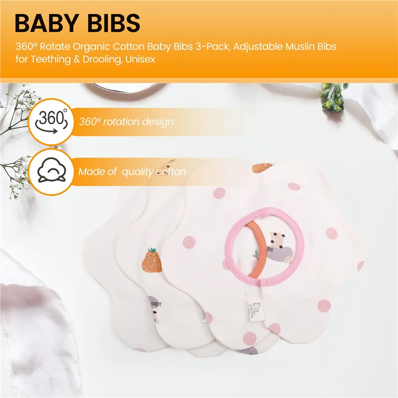 360 ° مرايل أطفال من القطن العضوي مكونة من 3 قطع، مرايل موسلين قابلة للتعديل للتسنين وسيلان اللعاب، للجنسين #2