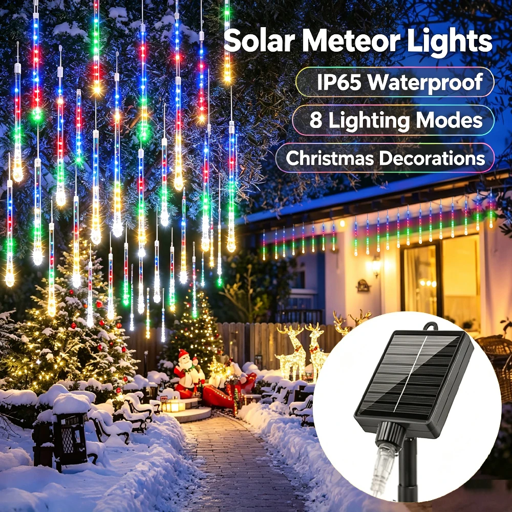 Solar Meteor Shower Light Solar 8-in-1 Raindrop Icicle String Lights Christmas Fairy Lights for Garden Trees and House Decor