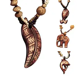 Tribal Retro Boho Women Elephant Dolphin Fish Animal Leaf Pendant Beaded Wooden Long Necklace Animals