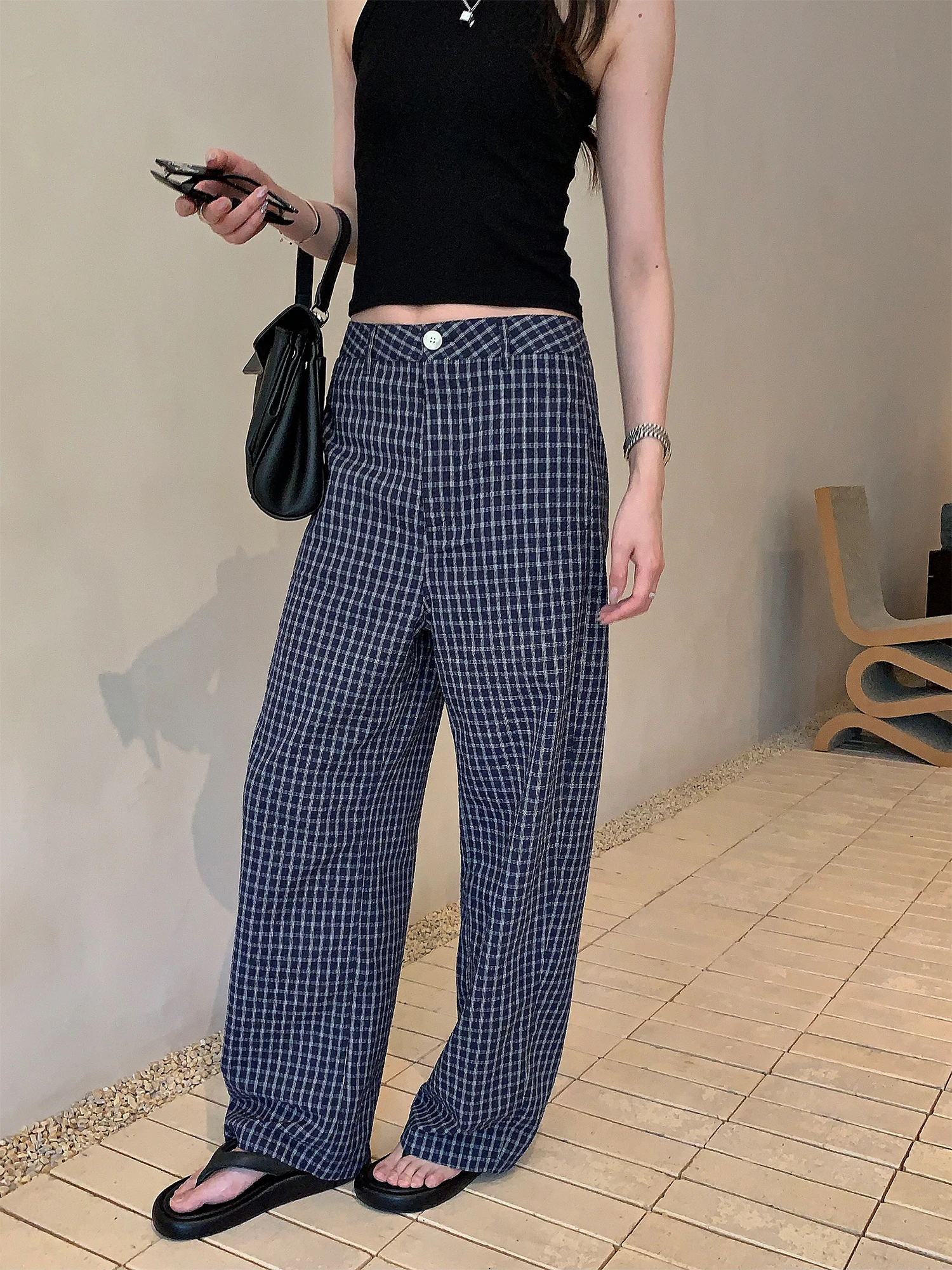 

Blue Plaid Bubble Cotton Women's Casual Pants Soft Thin High Waist Straight Leg Loose Fit Summer New Sle Real Easy