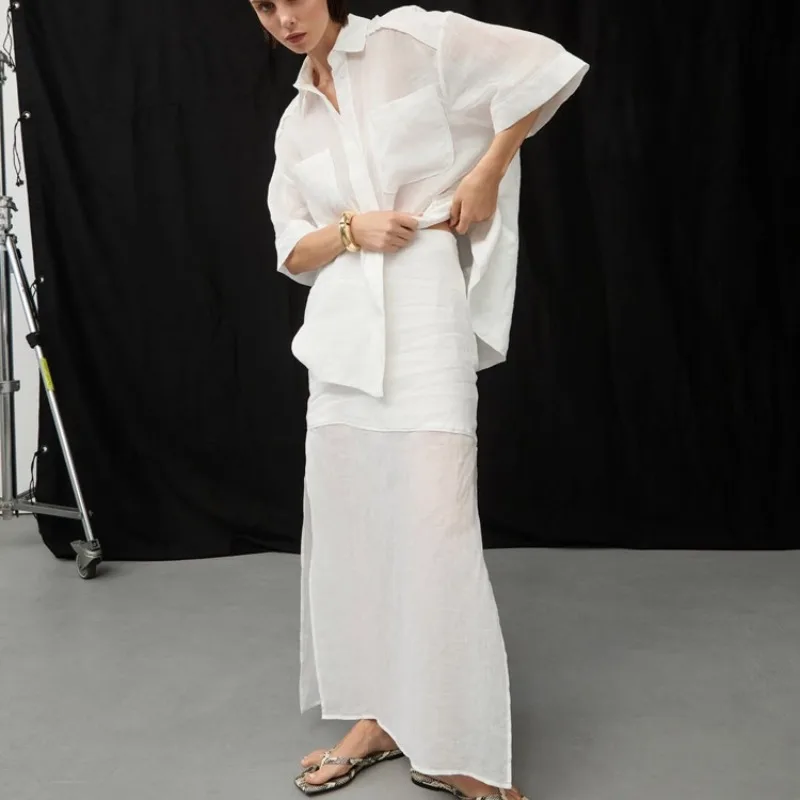 

Elegant Women Loose Two Piece Set Y2K Short Sleeve Pocket Shirt Top High Waist Slit Long Skirt Set INS Summer Cotton Outfits
