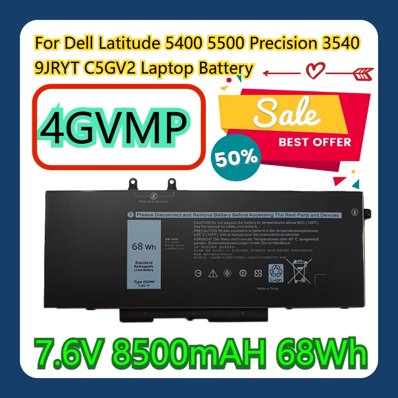 

For Dell Latitude 5400 5500 Precision 3540 9JRYT C5GV2 68Wh 4GVMP Laptop Battery