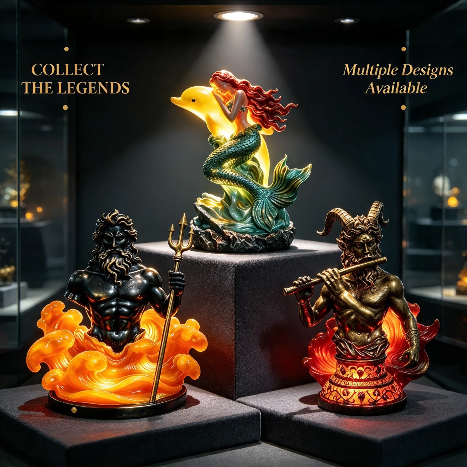 LED Myth Statue Resin Figurine, Light Poseidon Mermaid Devil Illuminated, Sculpture Home Decor Table Lamp, Ornament Gift