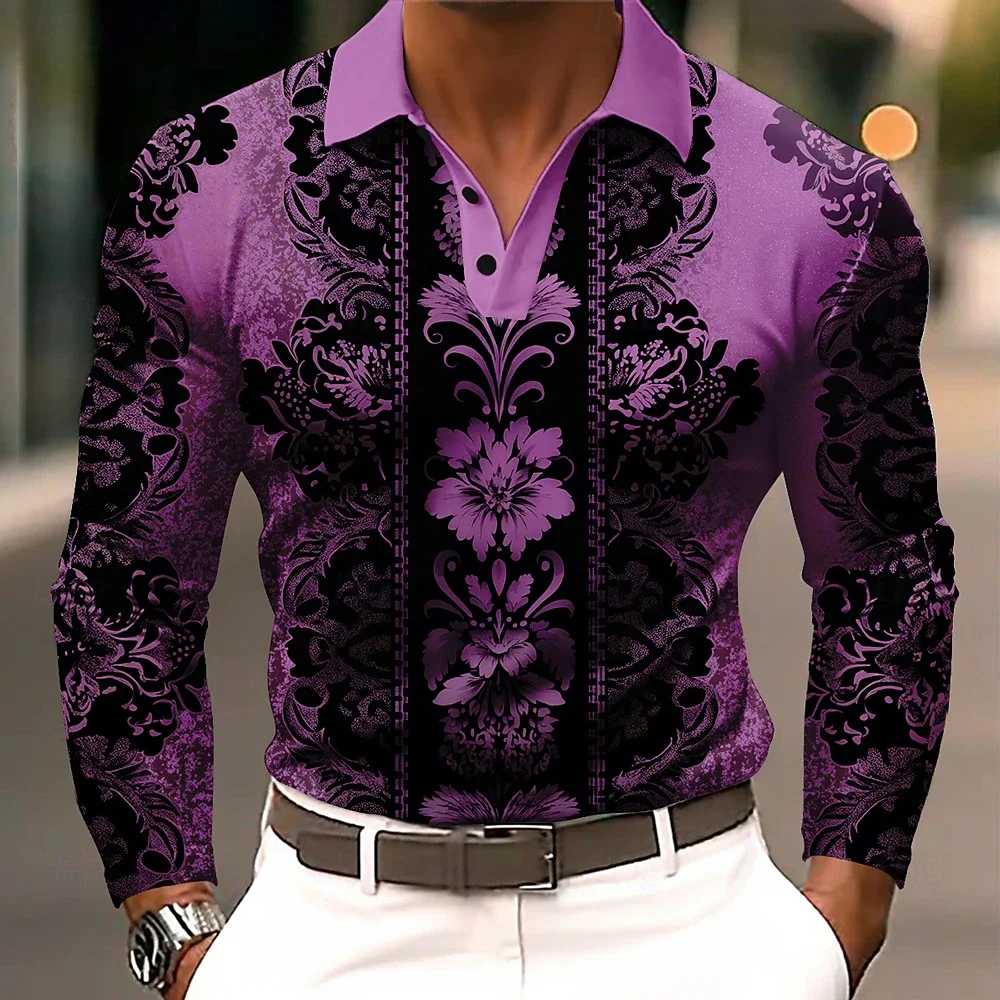 

﻿ 2025 Men's Floral Polo Long Sleeve Polo Shirts Lapel Business Casual Athleisure Daily Wear Print Buttons Spring Fall Winter