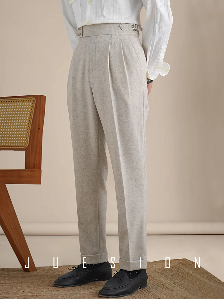 Naples Double Fold High Waist Linen Suit Pants For Men Summer Breathable Straight Leg Office Trousers Men Pantalon Costume Homme