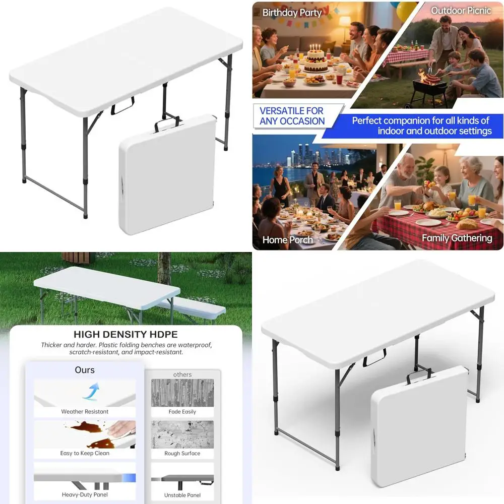 

Портативный складной стол на 4 фута, прочный пластик, регулируемая высота, ручка для переноски, подходит для использования в помещении и на открытом воздухе, белый