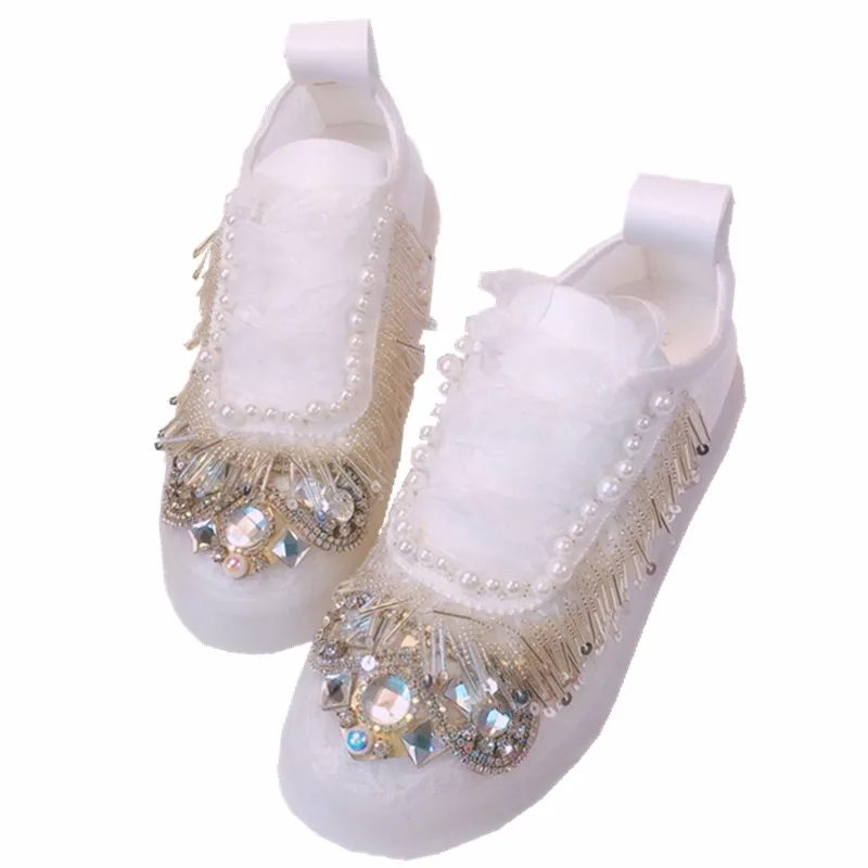 Women Sneakers New Transparent Lace Strap Crystal Rhinestone Pearls Tassel Platform Thick soled Ladies Causal Beautiful Shoes