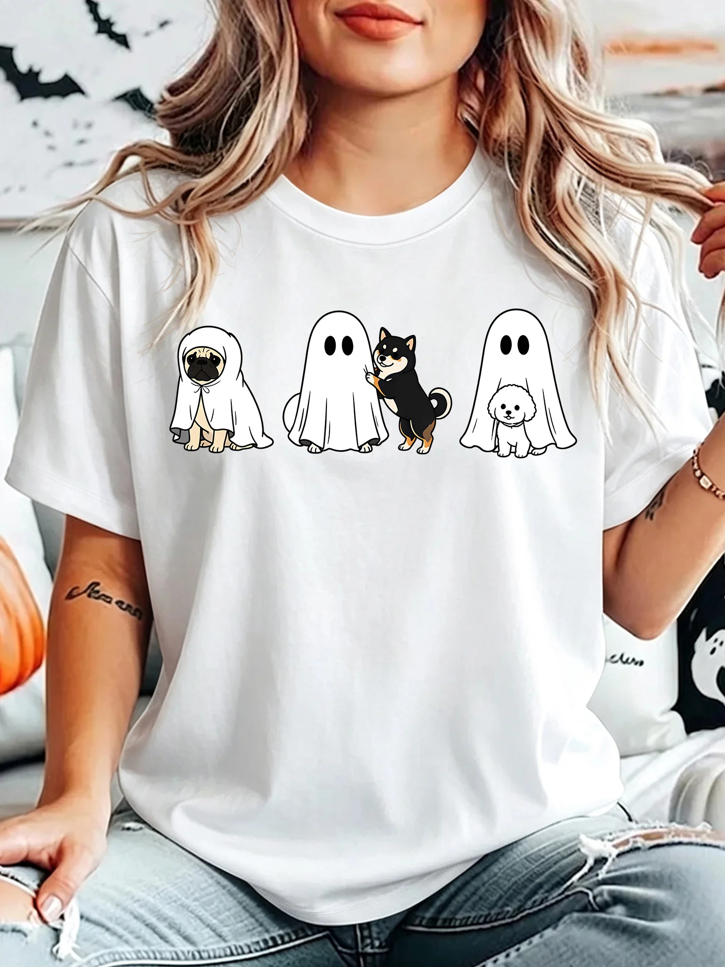Halloween Ghost Dog Puppy Costume Womens Crew Neck Short Sleeve T Shirt Cute Spooky Pet Theme Casual Graphic Tees For Ladies