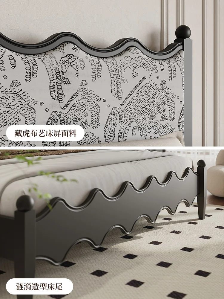 LMM French American Vintage Solid Wood Double Bed, 1.8m Master Bed, Jacquard Fabric Queen Bed