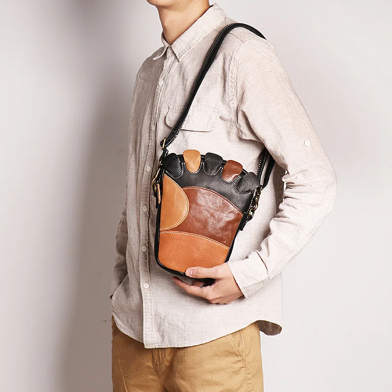 Personalized toe-shaped men's cowhide single-shoulder genuine leather contrasting color crossbody bag, simple phone storage