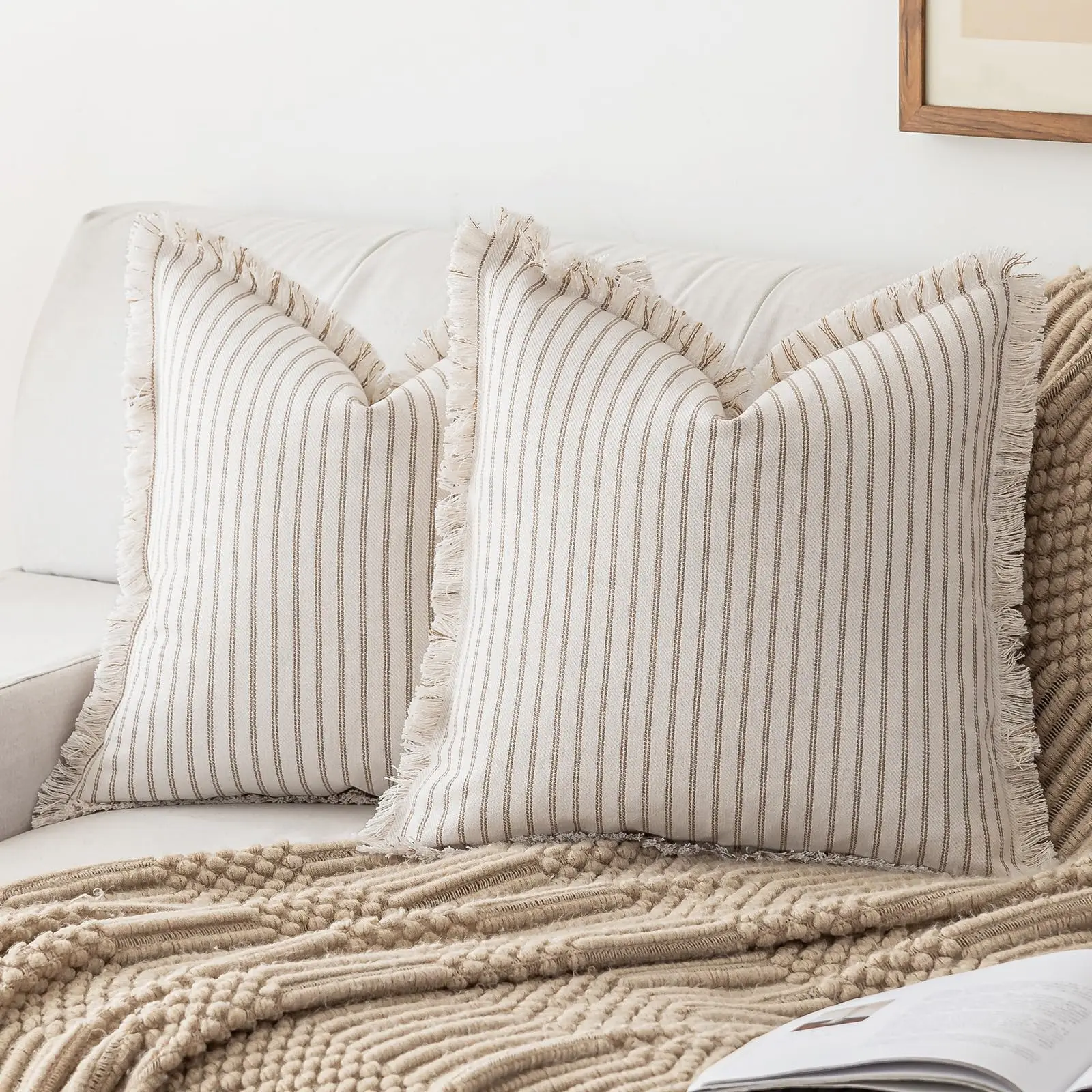 Throw Pillow Covers Set of 2 Striped Fringe Pillow Cover Farmhouse Cushion Covers with Tassel Neutral Boho Pillowcase for Couch