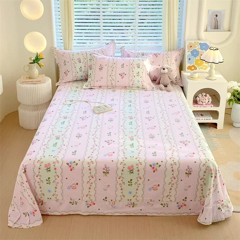 Cotton Romantic Floral Thickened Bed Sheet Set, Bedroom Dormitory Cartoon Rabbit Pattern King Flat Sheet, Pastoral Flower Sheets