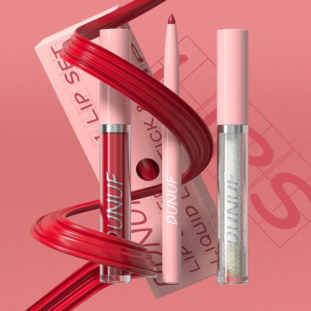 DUNUF Liquid Lipstick & Lip Liner & Lip Oil 3-w-1 Kit Długotrwały wodoodporny zestaw kredki do ust nieprzywierającej do kubka i zapobiegającej rozmazywaniu