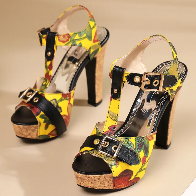 Fashion Summer Shoes For Women Sandals 2023 Peep Toe High Heels Platform T-Straps Flower Print Party Shoes Female Large Size