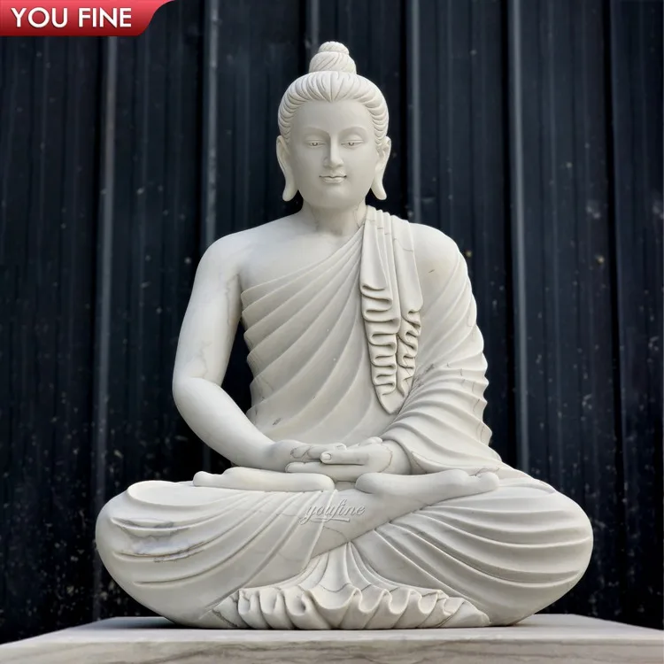 Outdoor Buddhist Temples Garden Life Size Carved White Marble Sitting Buddha Statue