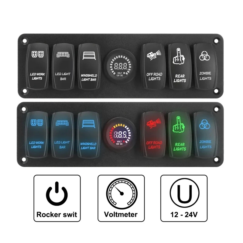 ISURE MARINE 6 Gang Rocker Switch 12V SPST ON Off Switch, Boat Toggle Switch Panel 12V Blue Waterproof for Boats Cars RVs Trucks