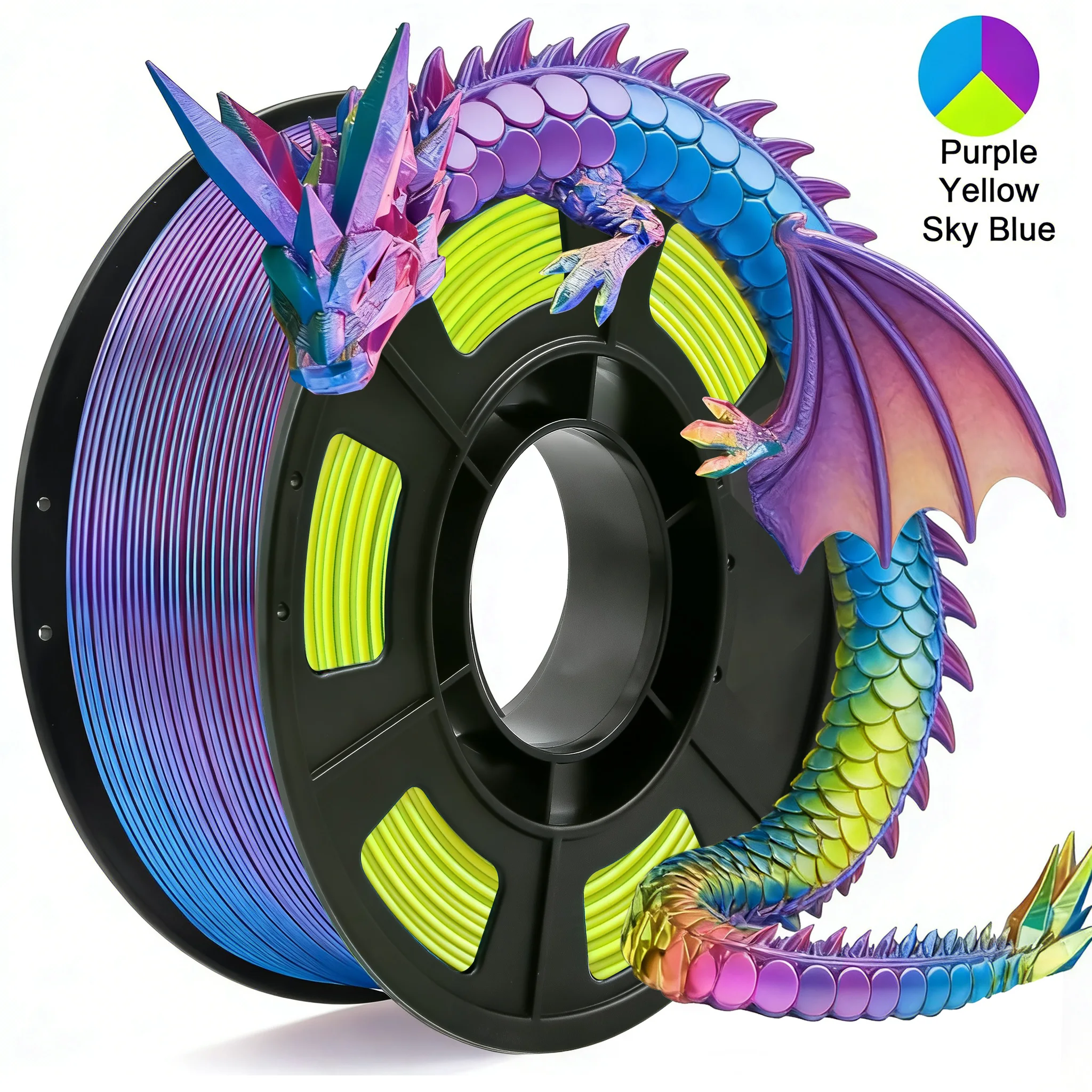 Tricolor Silk PLA 3D Printer Filament, 1.75mm Multicolor 3D Printing Filament, Purple&Sky Blue&Yellow Filament, 250g (0.55lbs)