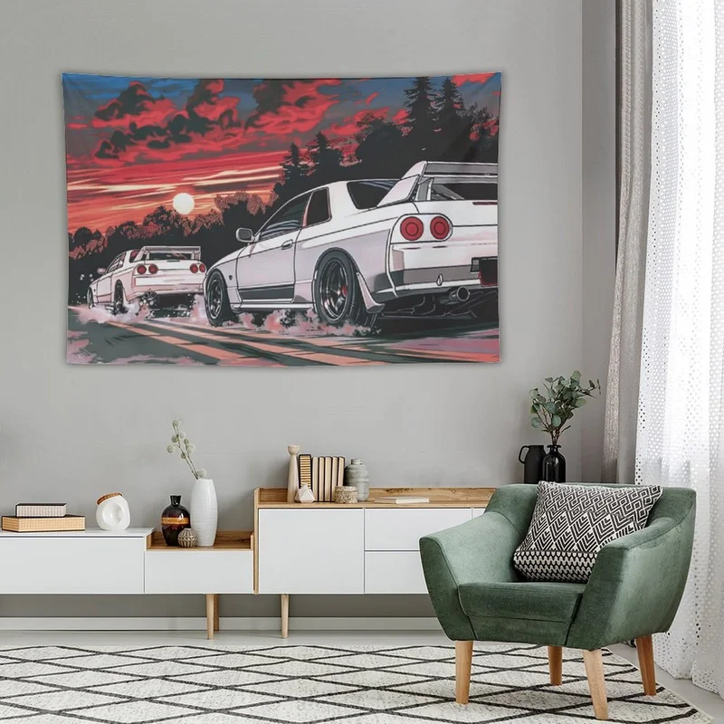 VIKAMA Red Sunset JDM Car Wall Tapestry Anime Style Cars Drifting Highway Dark Clouds Night Aesthetic Wall Hanging Dorm Decor
