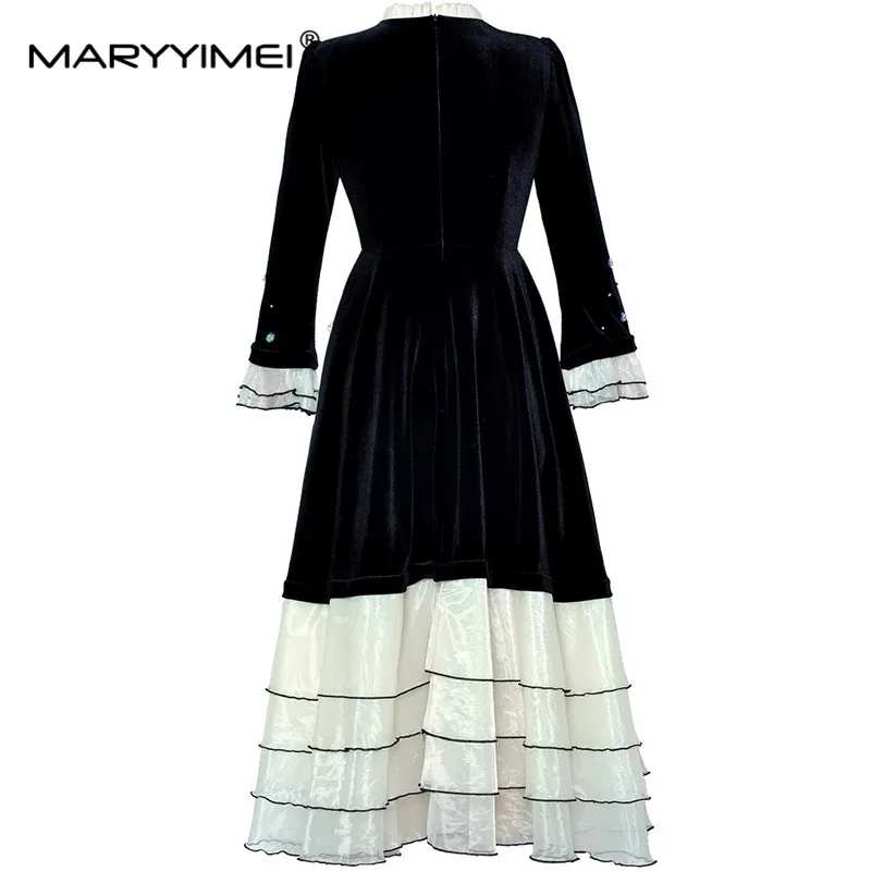 MARYYIMEI Color Block Patchwork Beading Women's Dress Stand collar Flare Sleeved New Fashion Big Swing Sequins Dresses