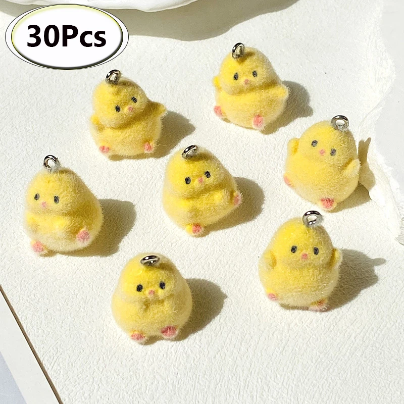 

30Pcs Wholesale Bulk Flocked Small Yellow Chicken Resin Charms Kawaii Animals Pendants for Earrings Keychains DIY Jewelry Make