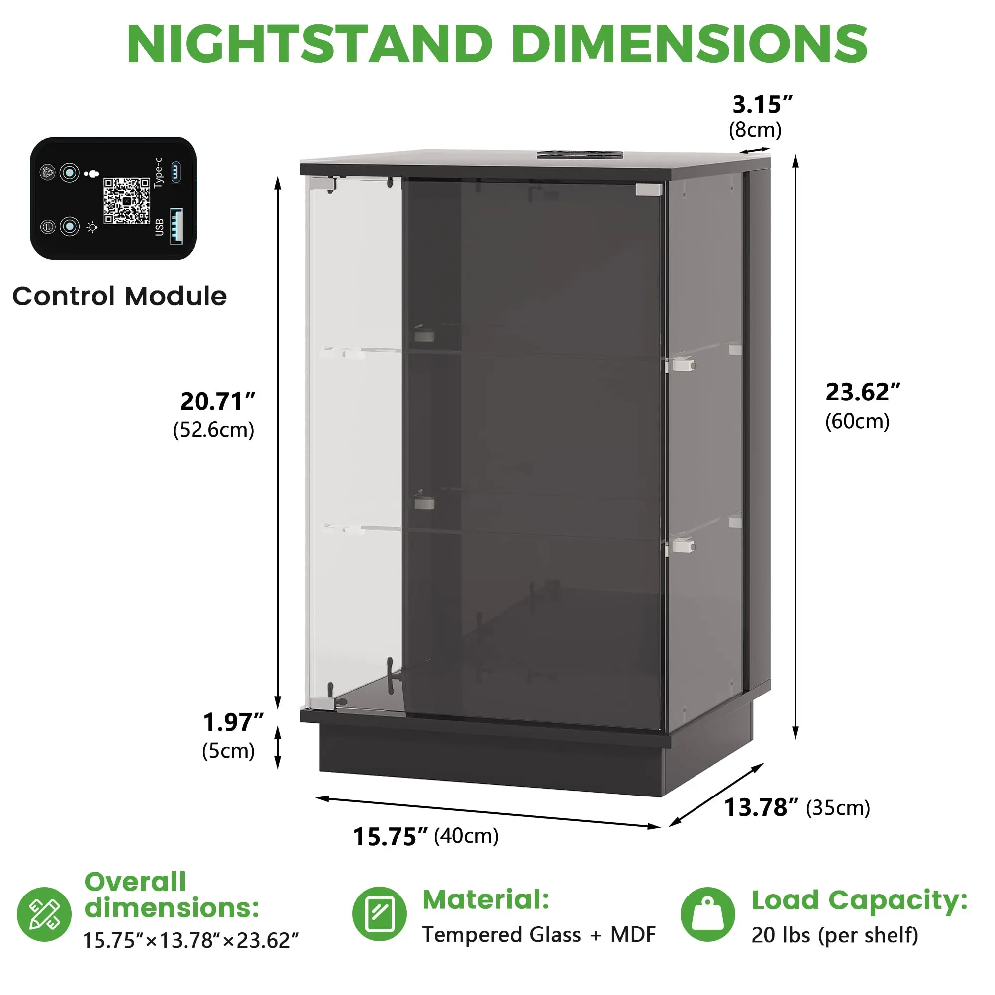 Glass Display Cabinet with USB Charging Station&LED Lights,Black