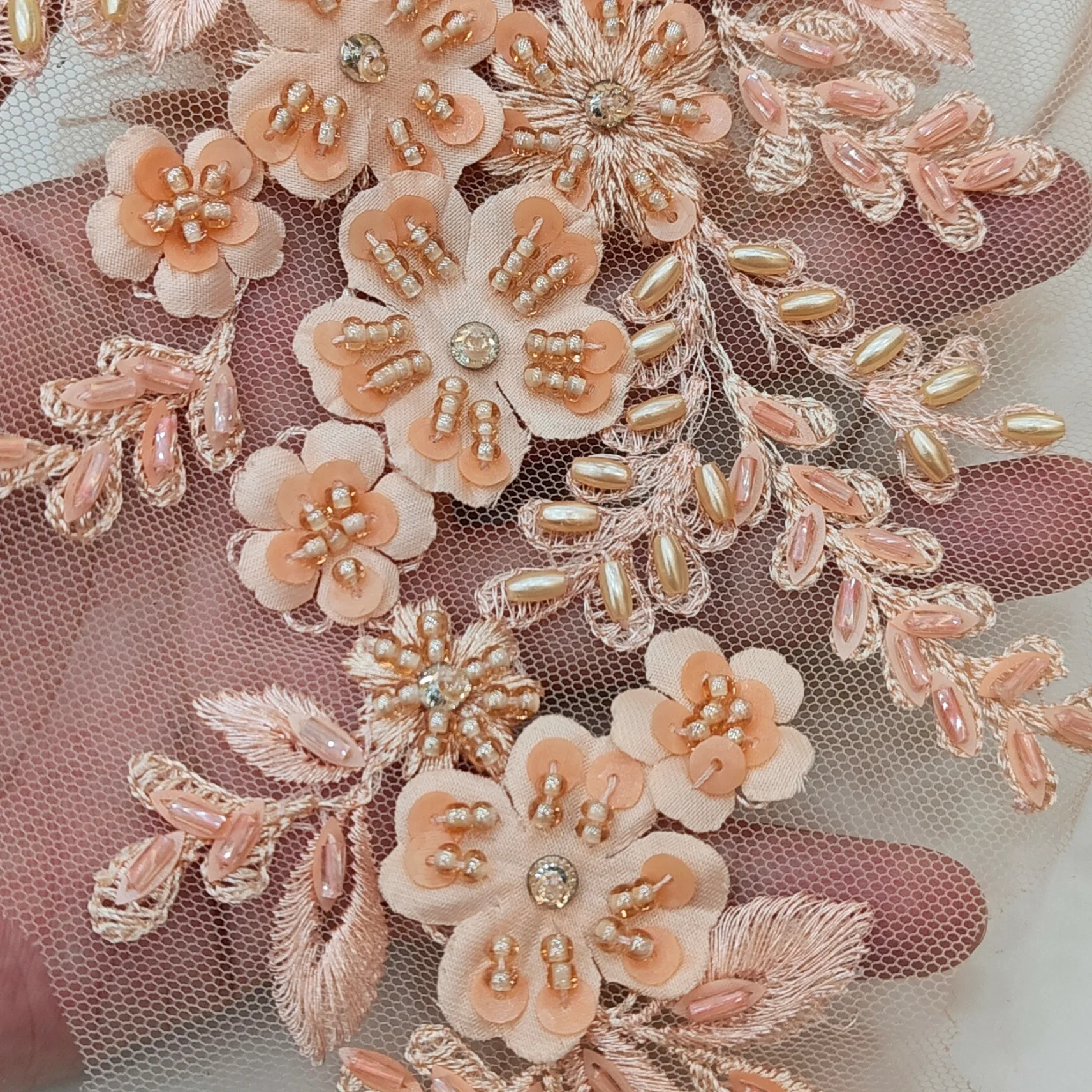 Multicolor Tulle Hand-Sewn Beads Pattern-Matched DIY Beaded Embroidery Lace Appliqued Bridal Dress Embellishment Accessories